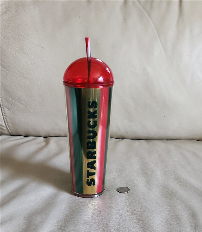 Starbucks Holiday 2024 metallic striped tumbler with red glitter dome lid and striped straw