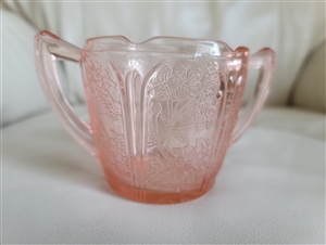 Jeannette Cherry Blossom pink Depression glass open sugar bowl with dual side handles and scalloped rim