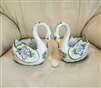 Set of two vintage RCCL Portugal hand painted porcelain swan planters with crazing present