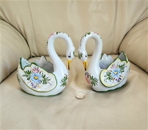 Set of two vintage RCCL Portugal hand painted porcelain swan planters with crazing present