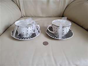 Graces Teaware Josephine Black Porcelain Teacups and Striped Saucers Set of Two