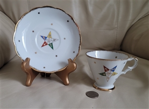 Order of Eastern Star OES Masonic vintage hand painted porcelain teacup and saucer set with gold stars made in Japan 1950s