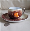 Elegant vintage hand painted porcelain teacup in brown white and orange colors collectible display sign by the artist