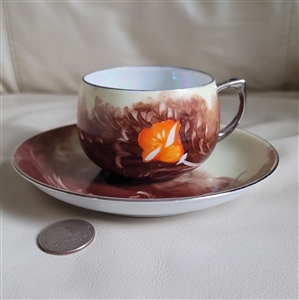Elegant vintage hand painted porcelain teacup in brown white and orange colors collectible display sign by the artist