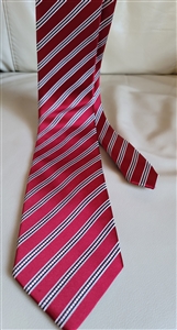 Pre-owned vintage Donald Trump Signature Collection 98% silk tie with bold red and silver diagonal stripes.