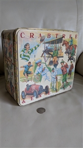 Large vintage metal storage tin by Crabtree & Evelyn featuring colorful antique sports scenes from the 1980s