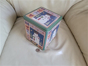 Large lidded storage tin with snowman winter decor