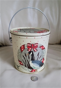 Vintage basket lidded popcorn storage tin with goose and heart design