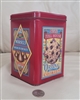 Red square vintage 1980s Nestle Toll House cookie tin with retro graphics and removable lid