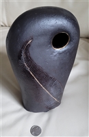 Vintage studio art pottery large black ceramic seed pot with real feather impression and single top opening
