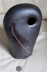 Vintage studio art pottery large black ceramic seed pot with real feather impression and single top opening