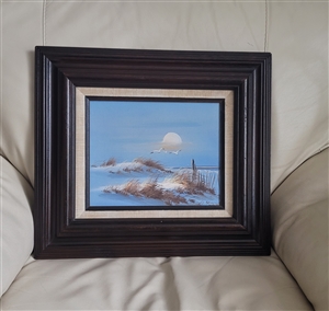 Vintage original oil painting by G Heston nautical beach dunes scenery in dark brown wooden frame seventeen and one quarter inch long