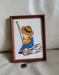 Crewel embroidery fishing boy framed display art craft picture wall decor