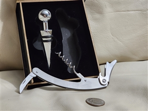 Modern metal wine bottle stopper and opening tool in wooden gift box