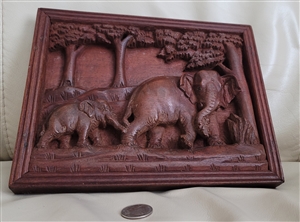 Mandalay vintage hand carved wood plaque with mother and baby elephants