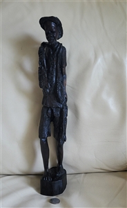 South African Bushart exotic wood carved tribal statue fisherman with catch 1990s