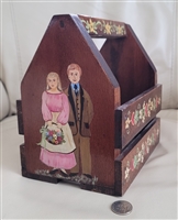 Hand painted wooden folk art carrier box signed Alice Dal with man and woman scene
