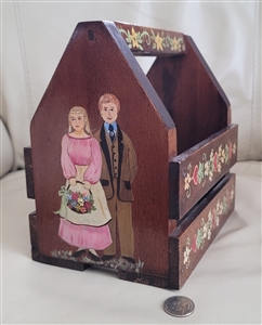 Hand painted wooden folk art carrier box signed Alice Dal with man and woman scene