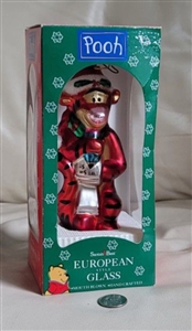 1990s Tigger European style hand blown glass Christmas ornament in original Santas Best box