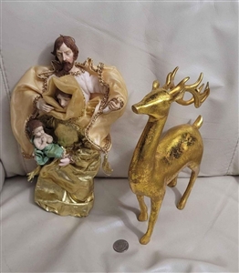 holiday season christmas ornament and gold deer home decor set display