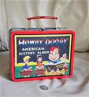 Vintage 1998 Howdy Doody tin lunch box featuring American History Album graphics with preowned wear