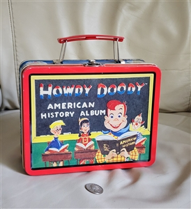 Vintage 1998 Howdy Doody tin lunch box featuring American History Album graphics with preowned wear
