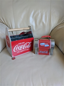 Coca-Cola 2008 galvanized bottle carrier and 2002 mini lunchbox storage tin set