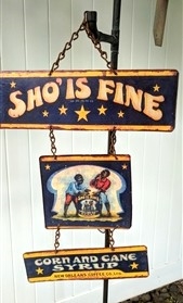 Rare vintage three-tier Sho'Is Fine Corn and Cane Syrup embossed rustic original metal hanging sign