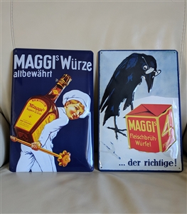 Pair of vintage German Maggi embossed metal advertising signs 1950-1960