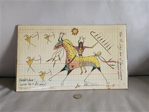 Original Terrance Guardipee mixed media ledger drawing on antique paper depicting a Blackfeet warrior counting coup on a yellow war horse Original Terrance Guardipee mixed media ledger drawing on antique paper depicting a Blackfeet warrior counting coup on a yellow war horse