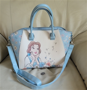 LOUNGEFLY Disney Beauty and the Beast satchel in multicolor baby blue and graphics design