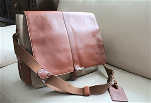 Front view of BOSCA 2006 Limited Edition Correspondent Messenger Bag in brown Italian leather and gray canvas