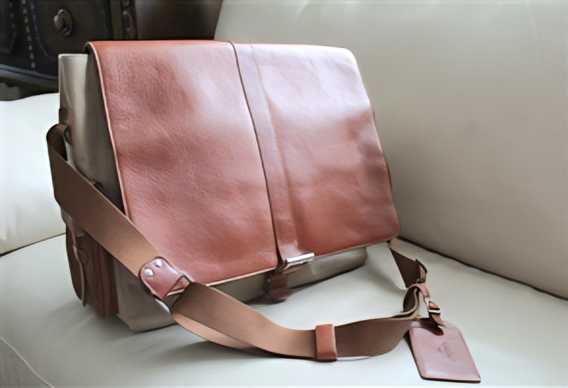 Front view of BOSCA 2006 Limited Edition Correspondent Messenger Bag in brown Italian leather and gray canvas