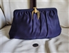 vintage garay evening purse navy blue satin fabric with ornate gold tassel clasp and chain strap in preowned condition