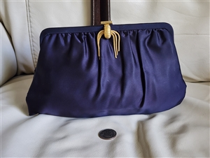 vintage garay evening purse navy blue satin fabric with ornate gold tassel clasp and chain strap in preowned condition