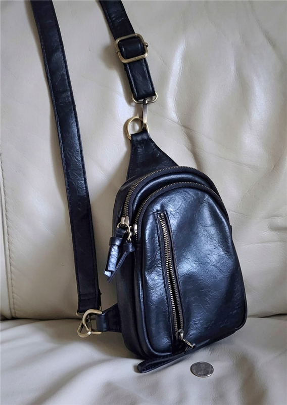Joy Susan modern women's Skyler black vegan leather sling bag front view showing zipper pockets