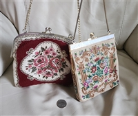 Two vintage purses including a red floral petit point evening bag and a colorful woven tapestry clutch with chain straps