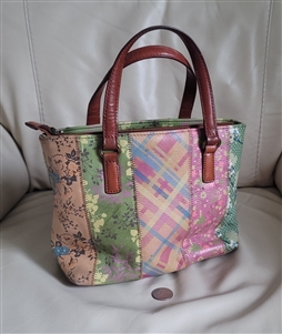 Fossil 1990s vintage multicolored patchwork leather satchel handbag with dual brown handles and floral plaid panels