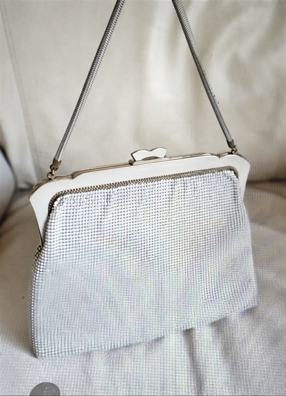 vintage oroton gray metal mesh evening purse west germany with salmon interior and chain strap in preowned condition
