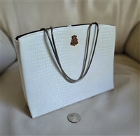 Vintage After Five white hard case evening bag showing a yellowish ivory age patina on one side with a matching coin purse and silver metal chain