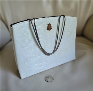 Vintage After Five white hard case evening bag showing a yellowish ivory age patina on one side with a matching coin purse and silver metal chain
