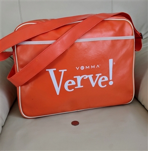 Messenger bag Vemma Verve energy drink orange nylon travel unisex showing front logo and white trim