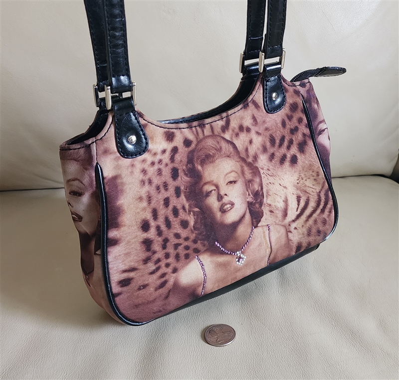 2003 Marilyn Monroe leopard print fabric handbag one side rhinestones silver zipper