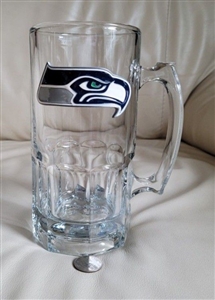 Large 32 ounce Seattle Seahawks glass beer mug with 2012 era metal pewter logo