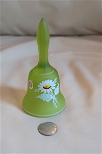 1970s Westmoreland lemon green satin glass bell with hand painted daisies and original sticker 1970s Westmoreland lemon green satin glass bell with hand painted daisies and original sticker