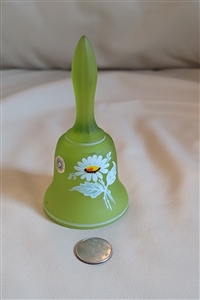 1970s Westmoreland lemon green satin glass bell with hand painted daisies and original sticker