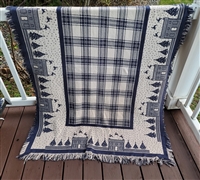 White and Blue elegant fringed cotton blanket with geometric pattern and landscape decor soft yarn
