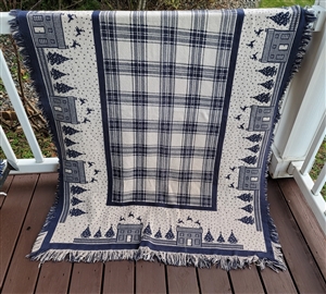 White and Blue elegant fringed cotton blanket with geometric pattern and landscape decor soft yarn