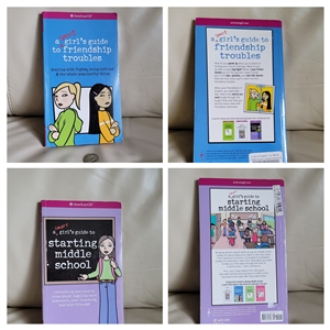 Front cover of American Girl book A Smart Girls Guide to Friendship Troubles showing two girls looking upset Front cover of American Girl book A Smart Girls Guide to Starting Middle School showing a girl in front of a chalkboard