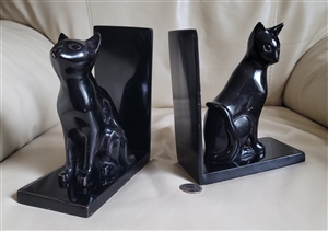 set of vintage cast metal black cat bookends
